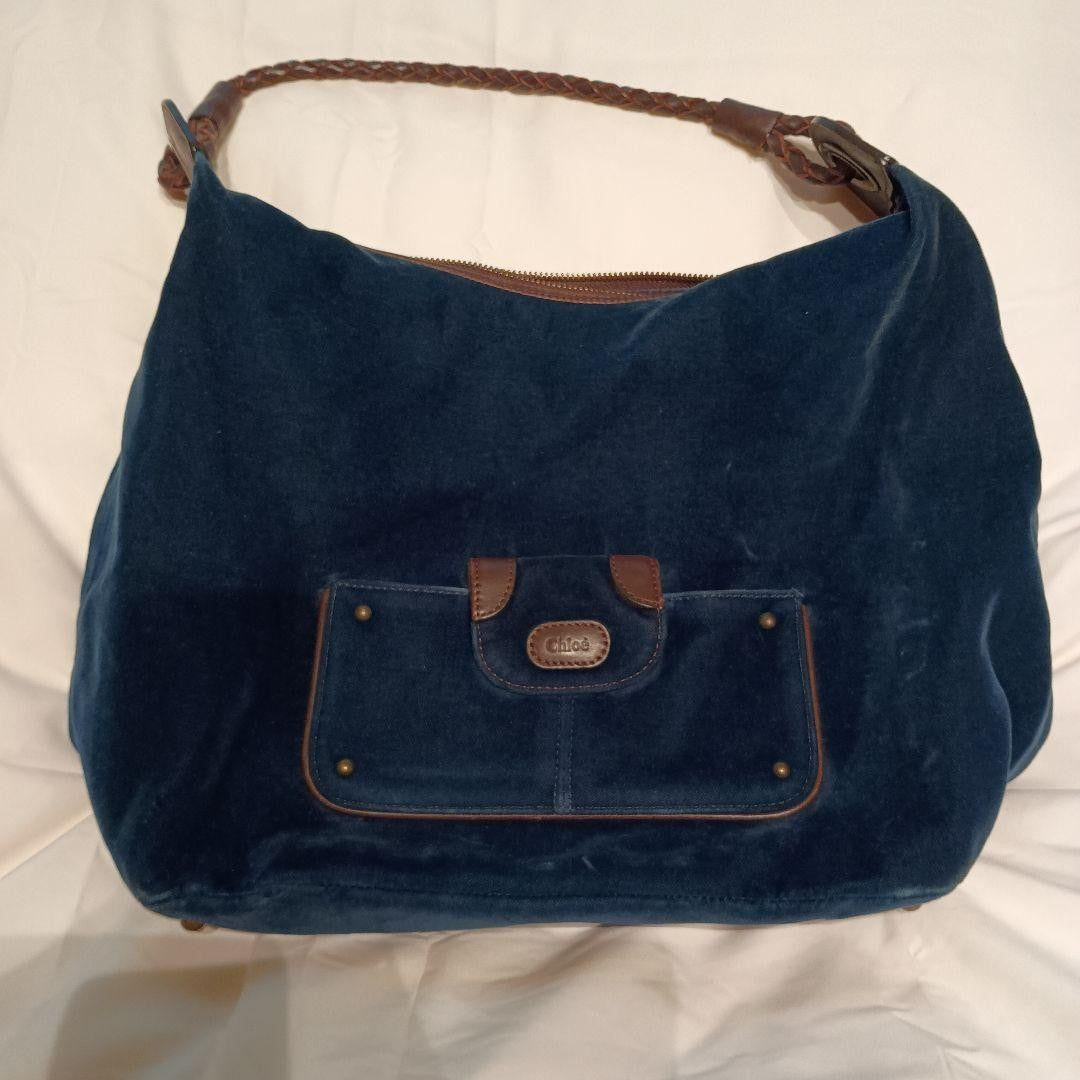 Chloe Shoulder Bag Purse Velour Navy Blue Authentic
