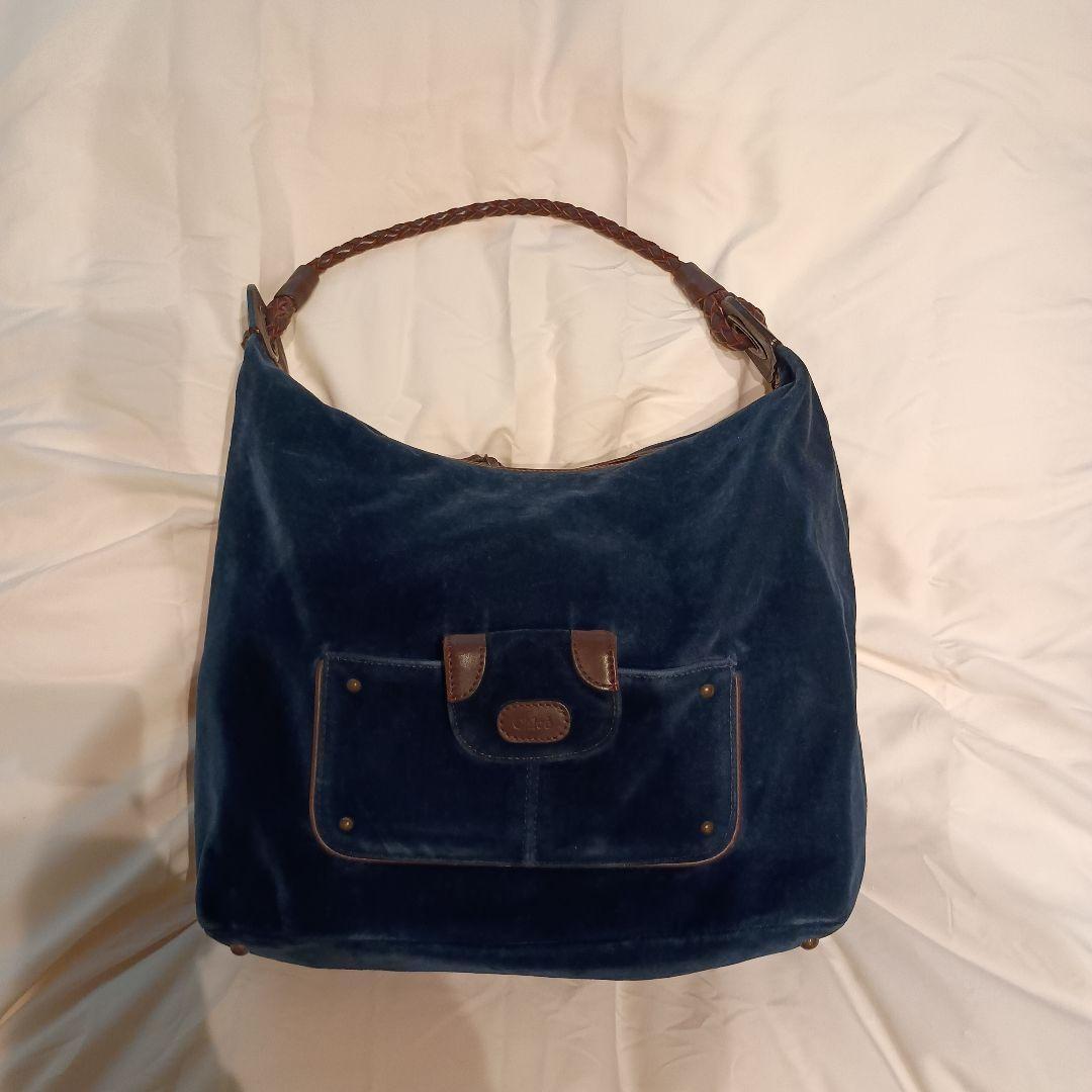 Chloe Shoulder Bag Purse Velour Navy Blue Authentic