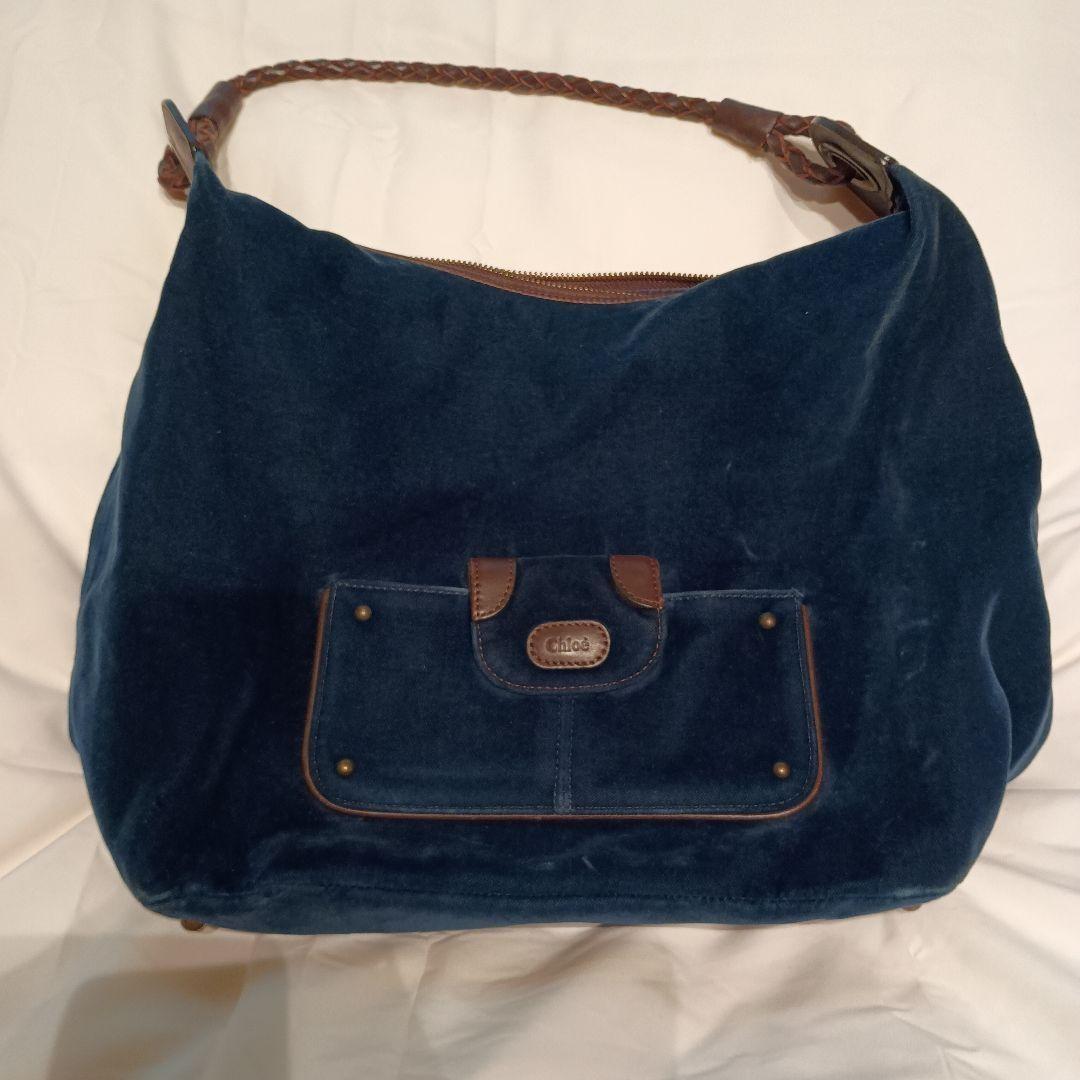 Chloe Shoulder Bag Purse Velour Navy Blue Authentic