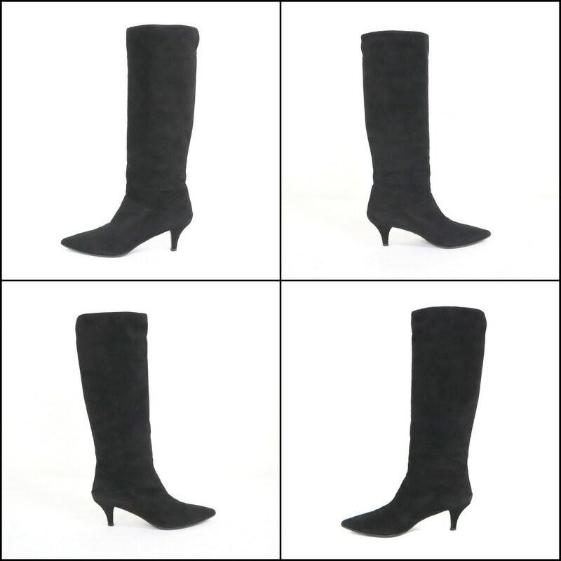 PRADA Long Boots Shoes EU 37 US 7 Suede Leather Black Authentic