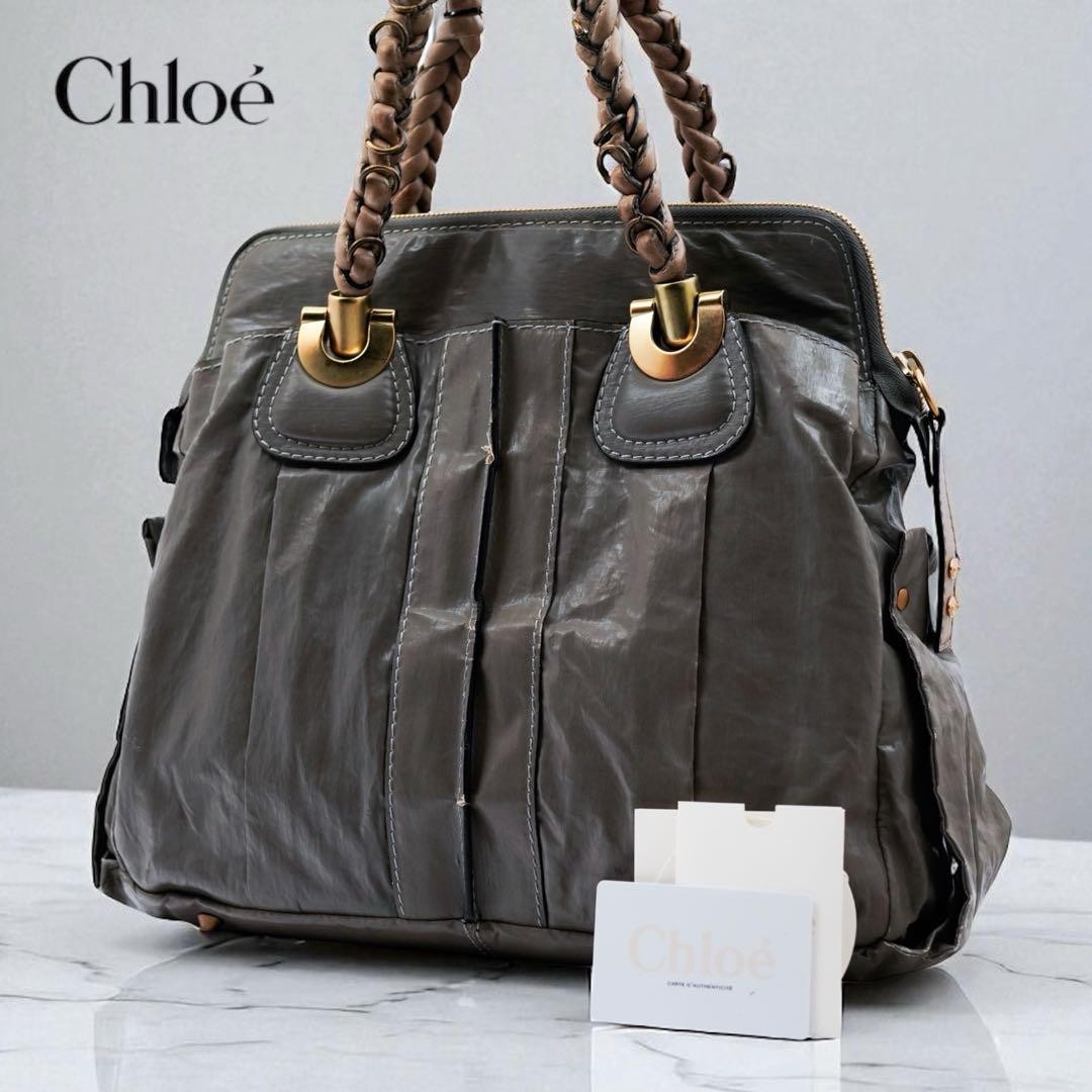 Chloe Hand Bag Tote Purse Canvas Leather Gray Authentic