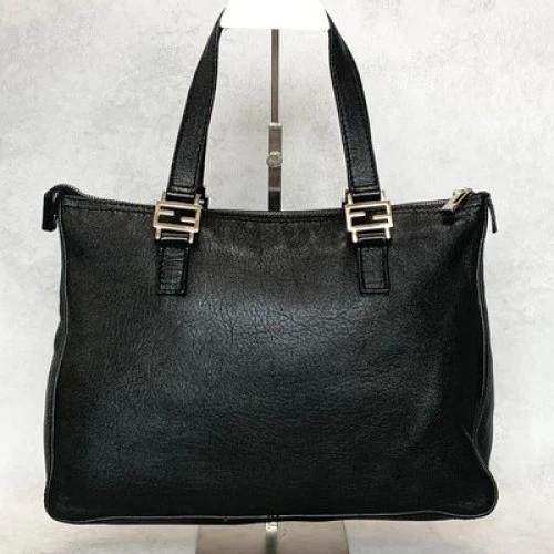 FENDI Bag FF Hand Tote Purse Leather Black Silver Women's Used Authentic