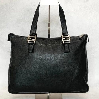 FENDI Bag FF Hand Tote Purse Leather Black Silver Women's Used Authentic