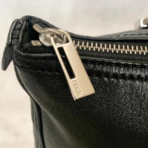 FENDI Bag FF Hand Tote Purse Leather Black Silver Women's Used Authentic