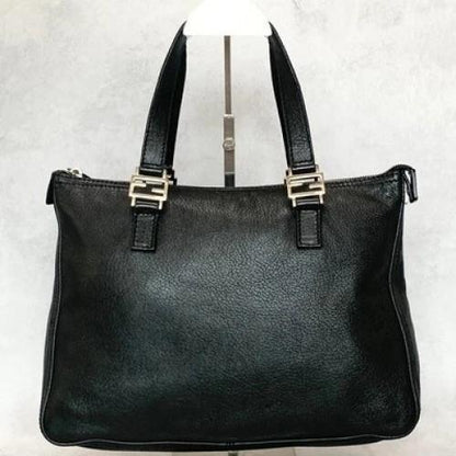 FENDI Bag FF Hand Tote Purse Leather Black Silver Women's Used Authentic