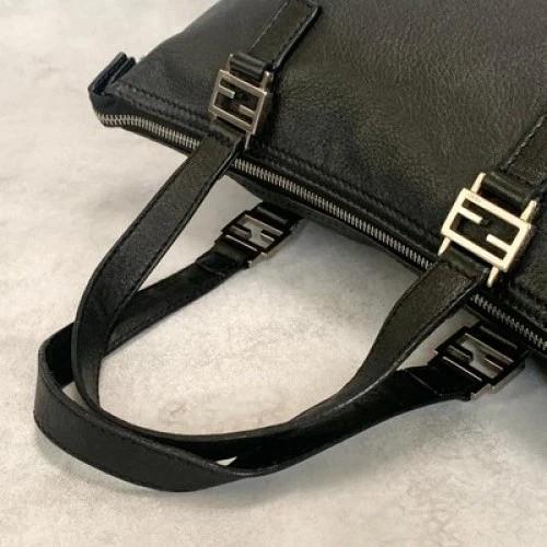 FENDI Bag FF Hand Tote Purse Leather Black Silver Women's Used Authentic