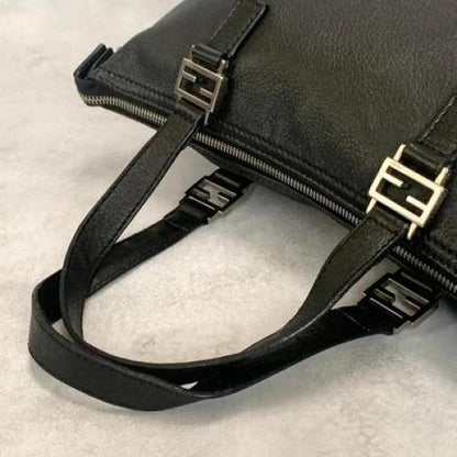 FENDI Bag FF Hand Tote Purse Leather Black Silver Women's Used Authentic