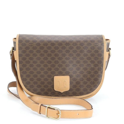 CELINE Shoulder Bag Purse Macadam Leather Coated Canvas Brown Authentic