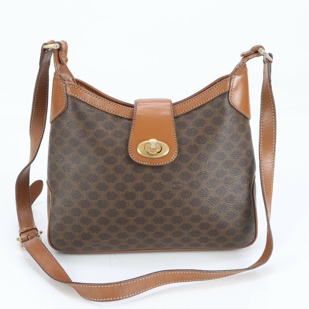 CELINE Shoulder Bag Purse Macadam PVC Leather Coated Canvas Brown Authentic