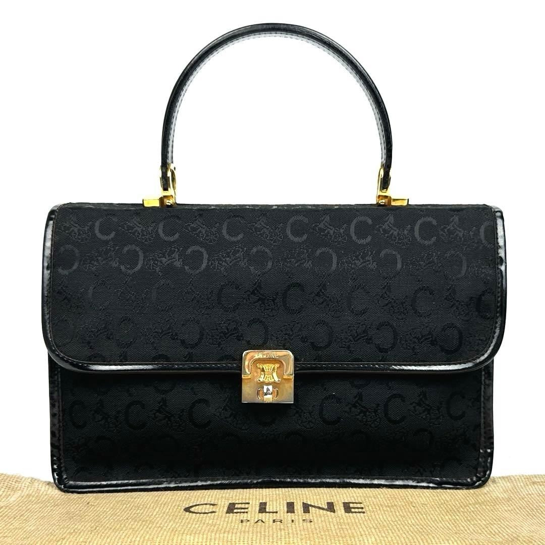 CELINE Hand Bag Tote Purse C Macadam Canvas Leather Black Authentic