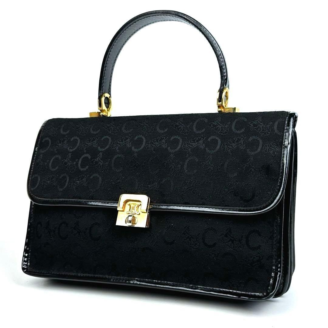 CELINE Hand Bag Tote Purse C Macadam Canvas Leather Black Authentic