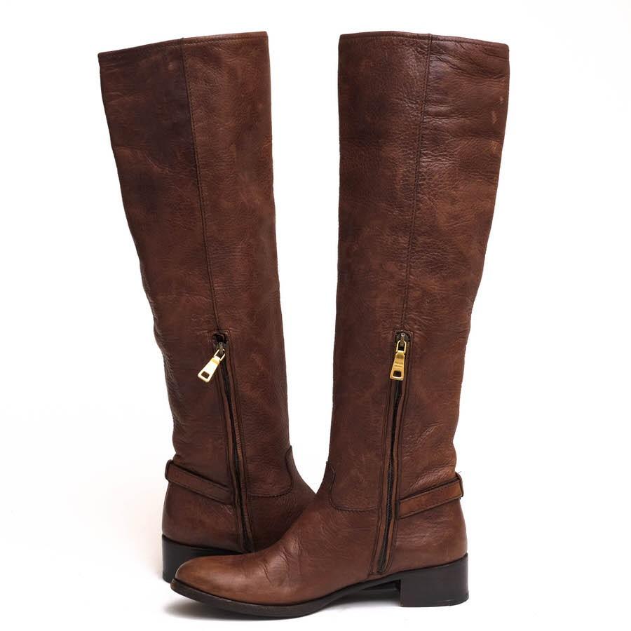 PRADA Long Boots Shoes CERVO SHINE MORE EU 36.5 US 6.5 Leather Brown Authentic