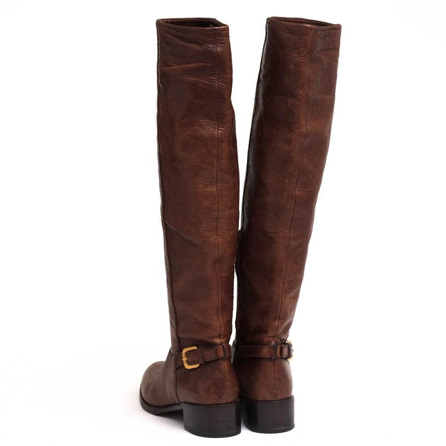 PRADA Long Boots Shoes CERVO SHINE MORE EU 36.5 US 6.5 Leather Brown Authentic
