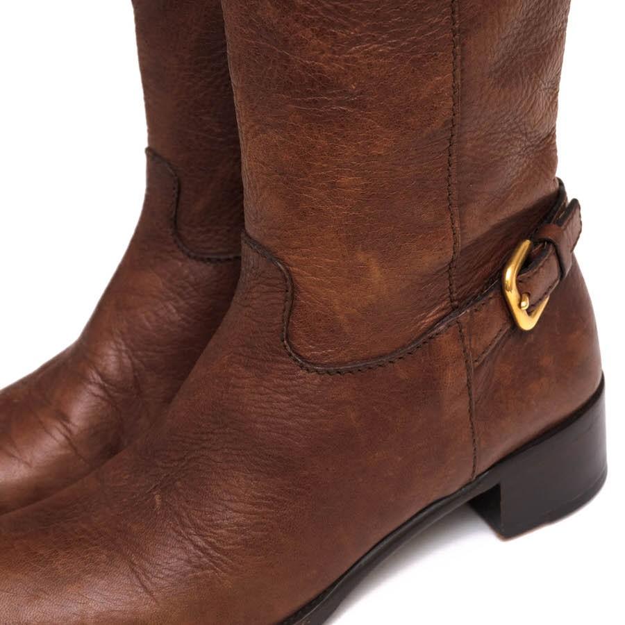 PRADA Long Boots Shoes CERVO SHINE MORE EU 36.5 US 6.5 Leather Brown Authentic
