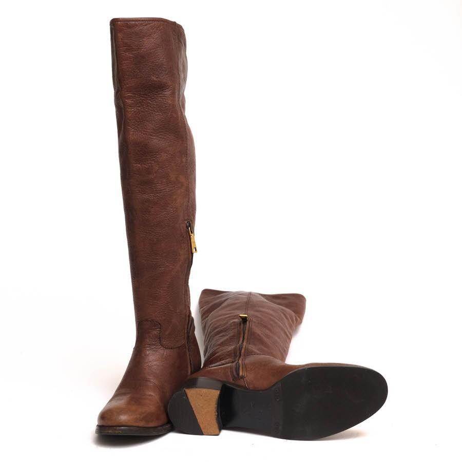 PRADA Long Boots Shoes CERVO SHINE MORE EU 36.5 US 6.5 Leather Brown Authentic