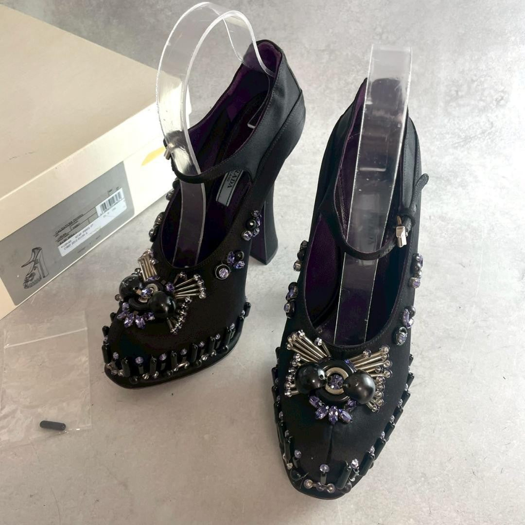 PRADA Shoes Pumps Heel EU 37.0 US 7.0 Fabric Leather Black Purple Authentic