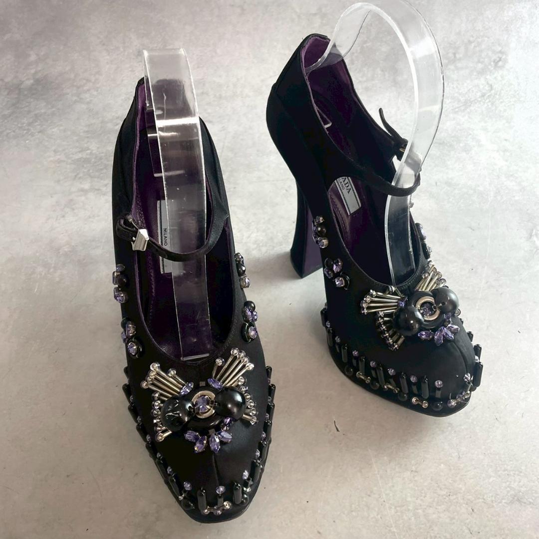 PRADA Shoes Pumps Heel EU 37.0 US 7.0 Fabric Leather Black Purple Authentic