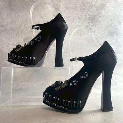 PRADA Shoes Pumps Heel EU 37.0 US 7.0 Fabric Leather Black Purple Authentic