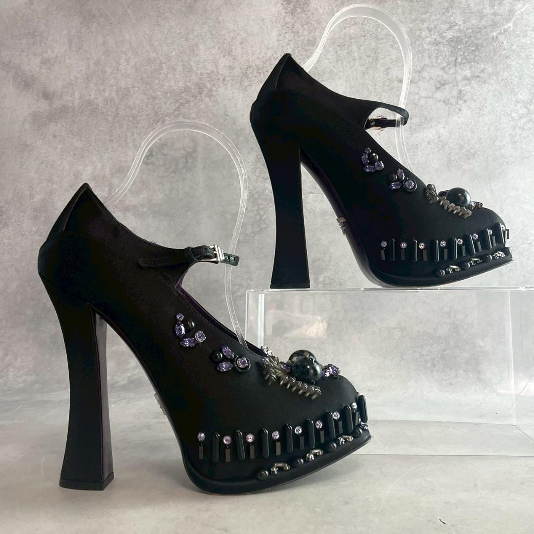 PRADA Shoes Pumps Heel EU 37.0 US 7.0 Fabric Leather Black Purple Authentic