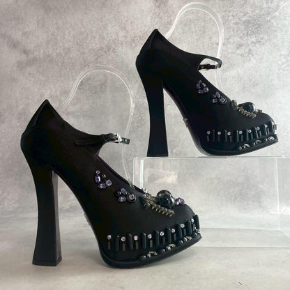 PRADA Shoes Pumps Heel EU 37.0 US 7.0 Fabric Leather Black Purple Authentic