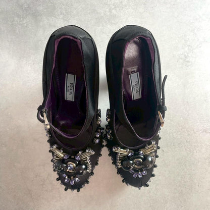 PRADA Shoes Pumps Heel EU 37.0 US 7.0 Fabric Leather Black Purple Authentic