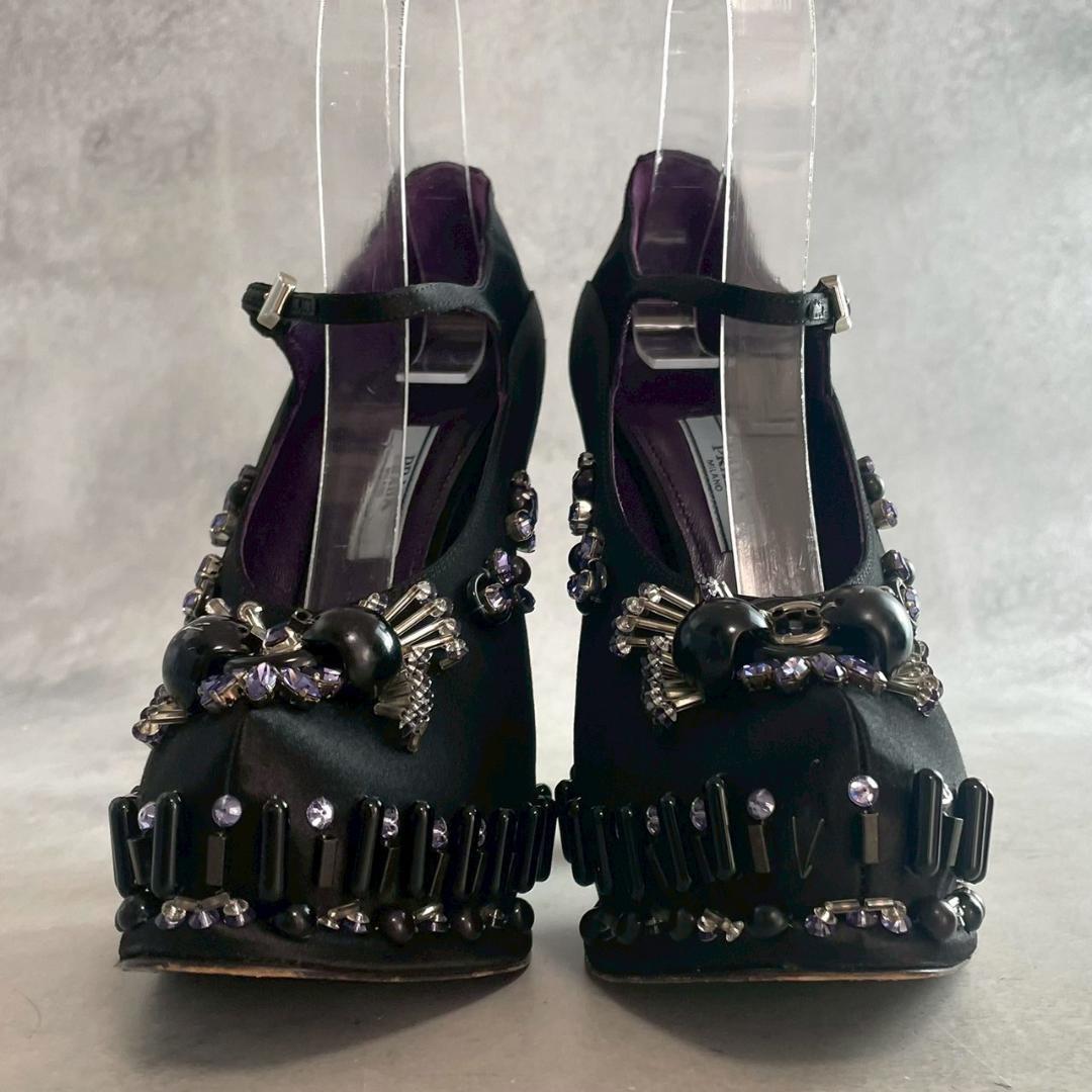 PRADA Shoes Pumps Heel EU 37.0 US 7.0 Fabric Leather Black Purple Authentic