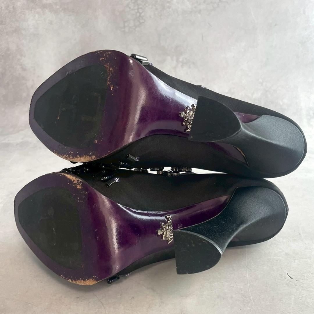 PRADA Shoes Pumps Heel EU 37.0 US 7.0 Fabric Leather Black Purple Authentic