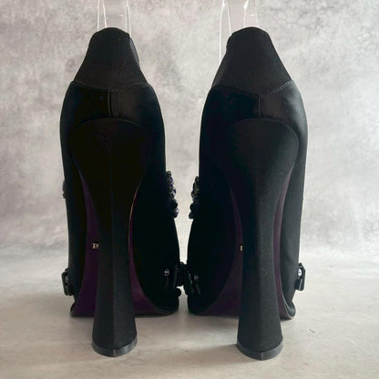 PRADA Shoes Pumps Heel EU 37.0 US 7.0 Fabric Leather Black Purple Authentic