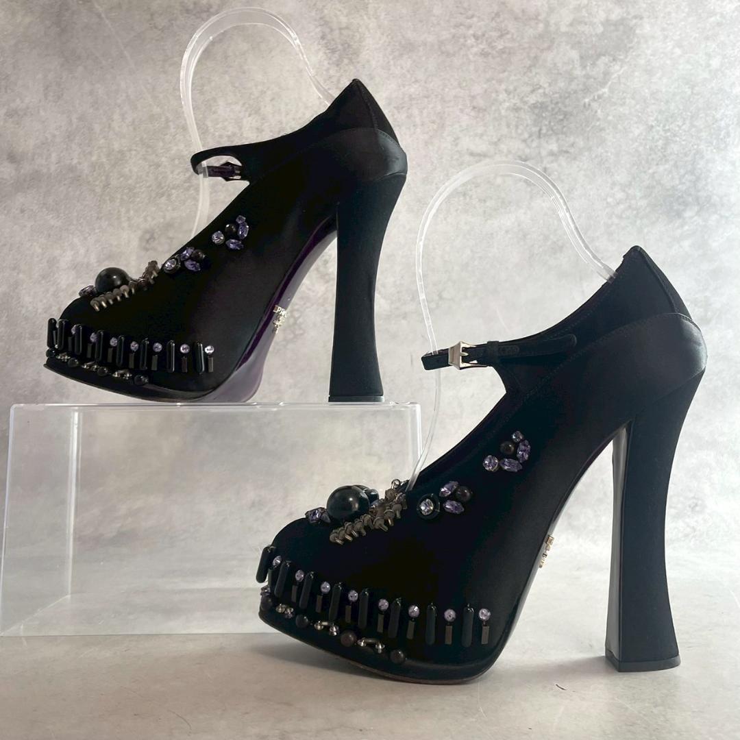 PRADA Shoes Pumps Heel EU 37.0 US 7.0 Fabric Leather Black Purple Authentic