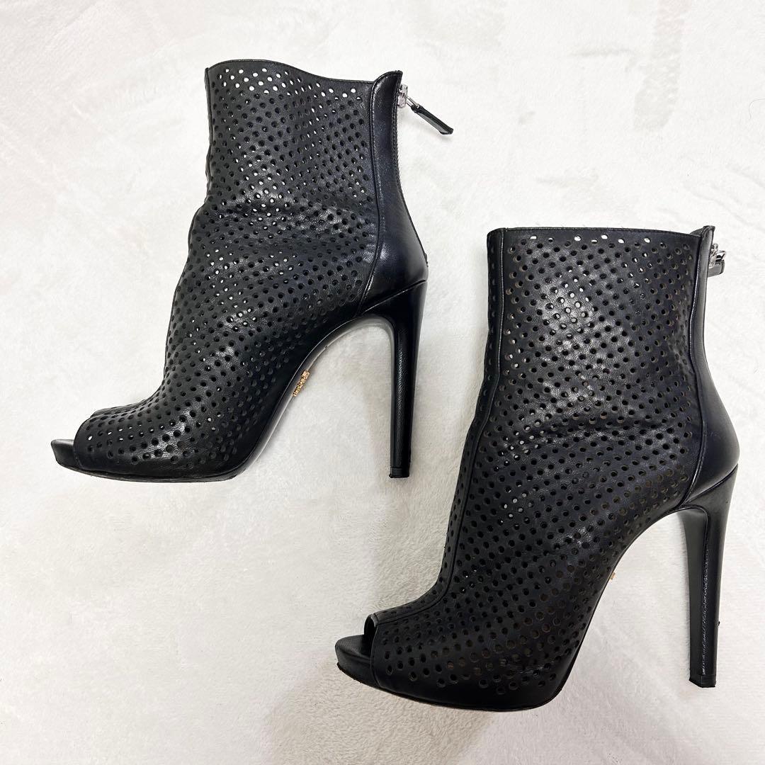 PRADA Short Boots Shoes EU 36.5 US 6.5 Perforated Leather Black Authentic