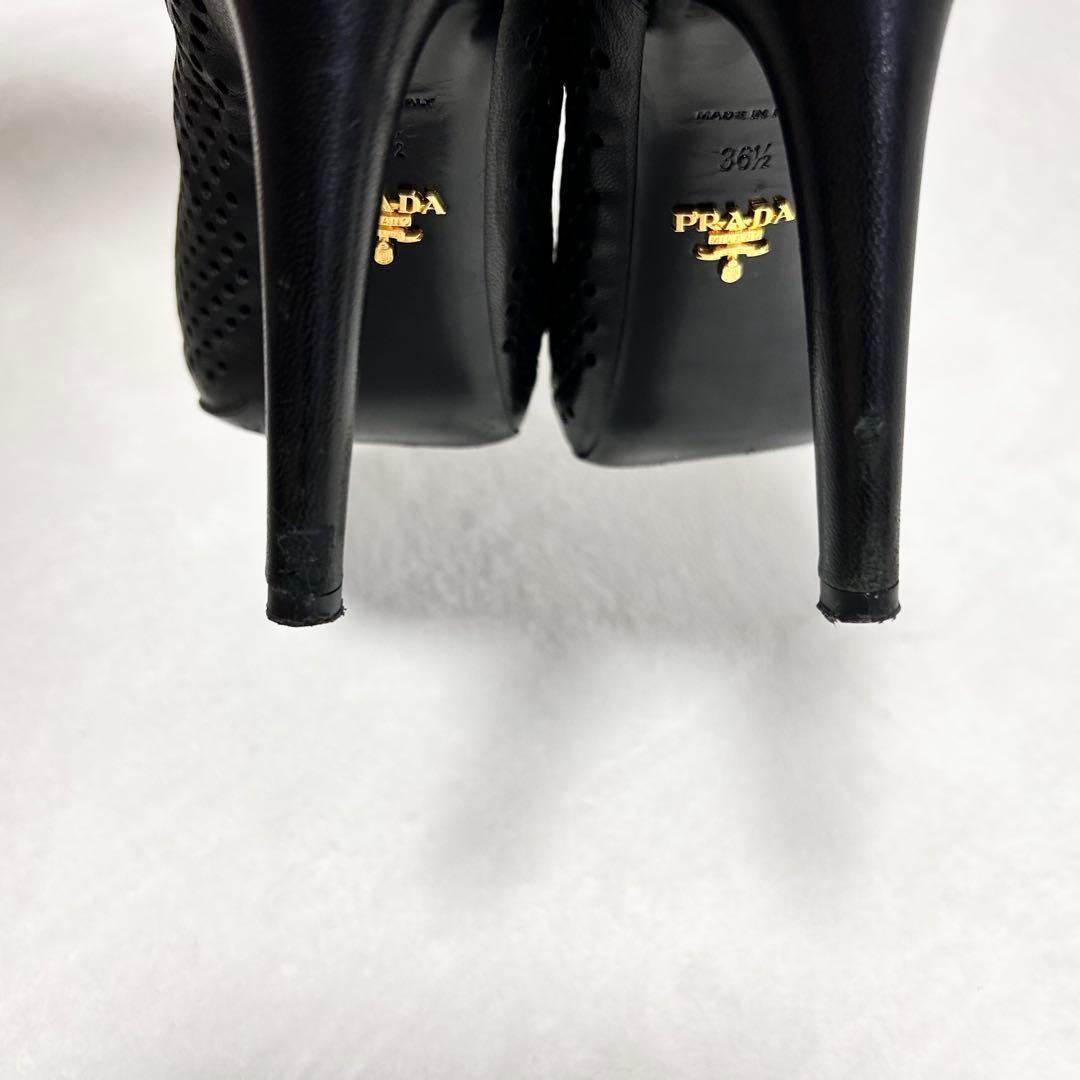 PRADA Short Boots Shoes EU 36.5 US 6.5 Perforated Leather Black Authentic