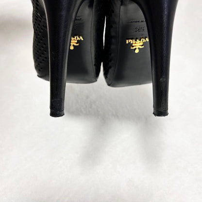 PRADA Short Boots Shoes EU 36.5 US 6.5 Perforated Leather Black Authentic
