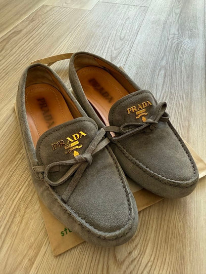 PRADA Loafers Shoes EU 37.5 US 7.5 Suede Gray Authentic