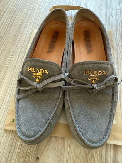 PRADA Loafers Shoes EU 37.5 US 7.5 Suede Gray Authentic