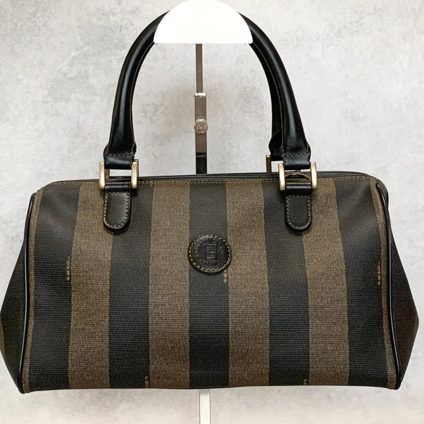 FENDI Pecan Mini Boston Purse Handbag FF Leather Brown Black Auth Unisex Used