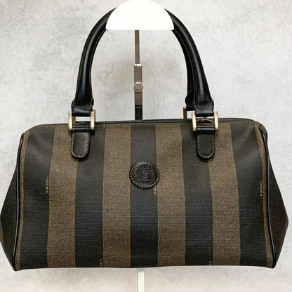FENDI Pecan Mini Boston Purse Handbag FF Leather Brown Black Auth Unisex Used