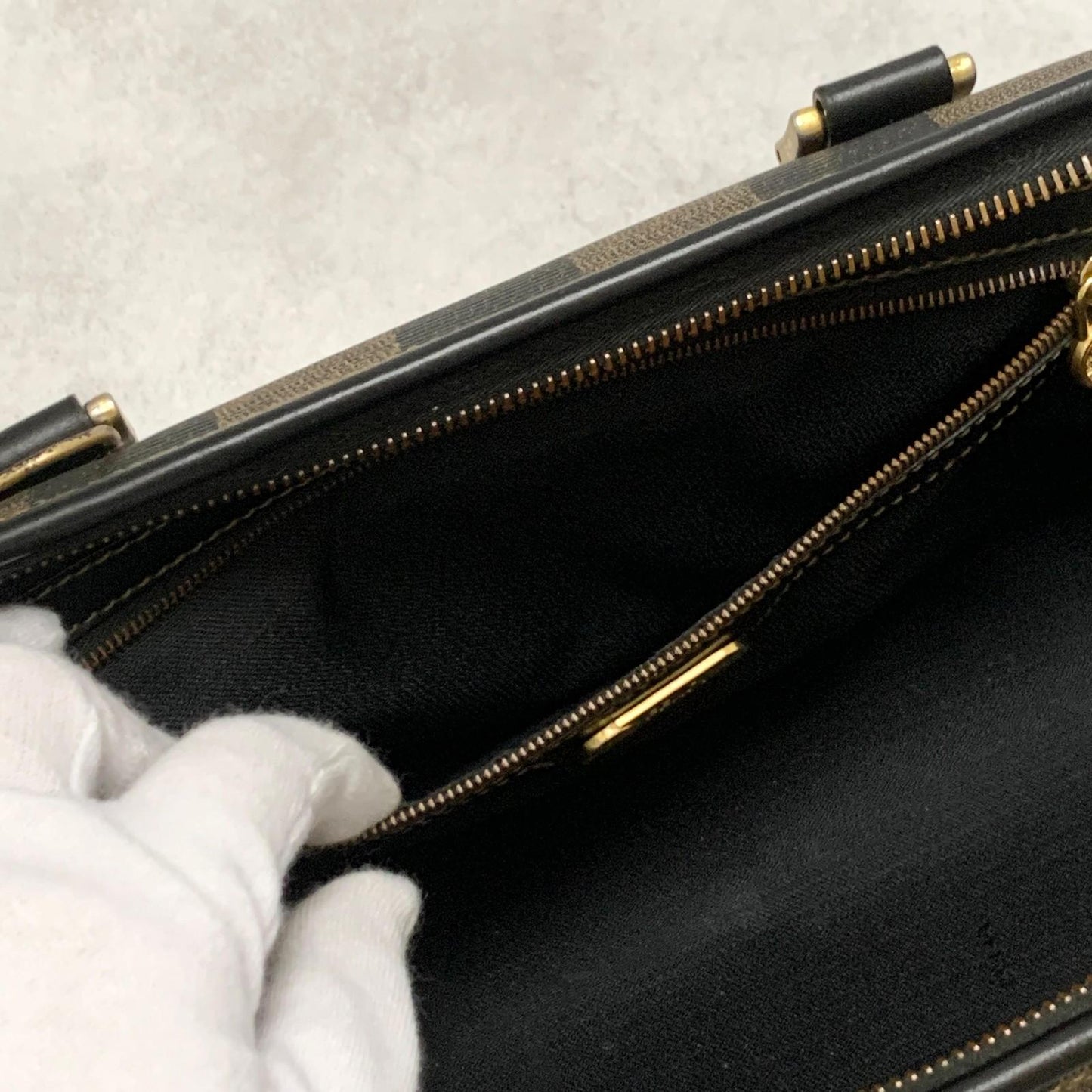 FENDI Pecan Mini Boston Purse Handbag FF Leather Brown Black Auth Unisex Used