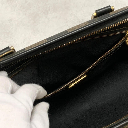 FENDI Pecan Mini Boston Purse Handbag FF Leather Brown Black Auth Unisex Used