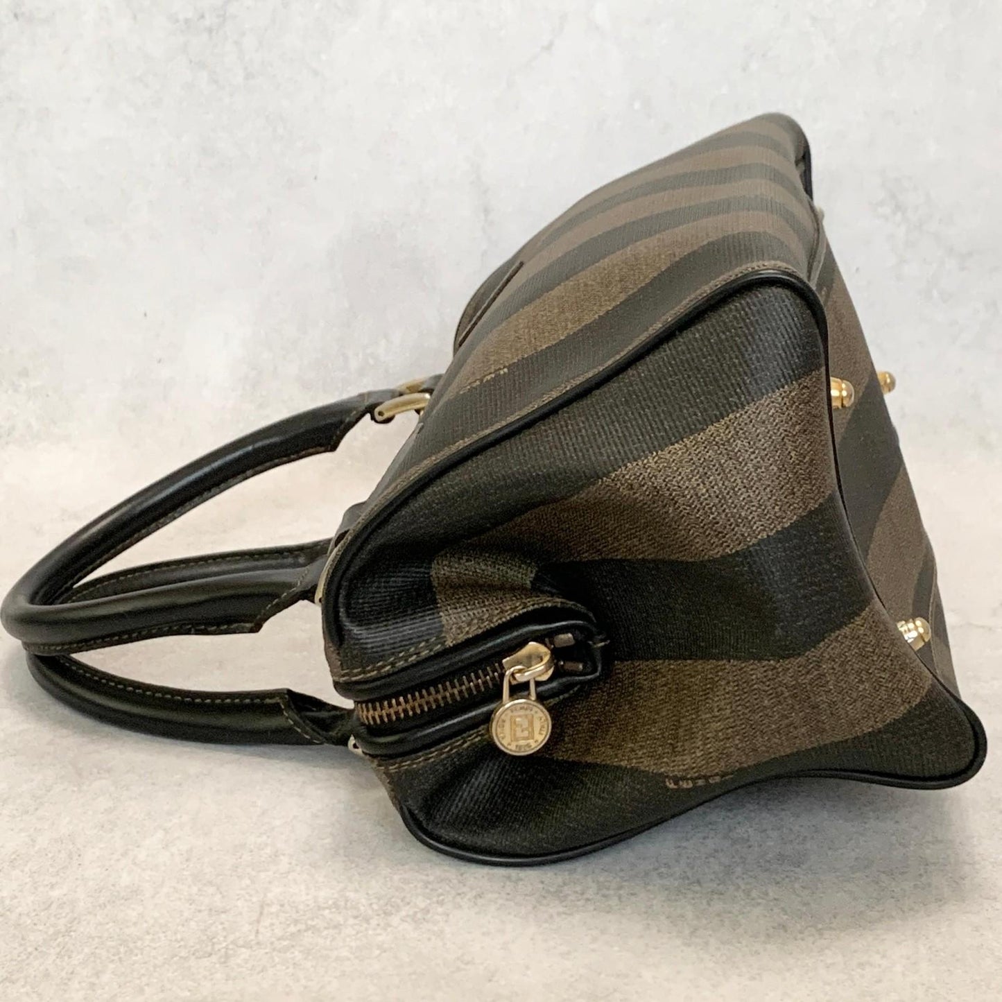 FENDI Pecan Mini Boston Purse Handbag FF Leather Brown Black Auth Unisex Used