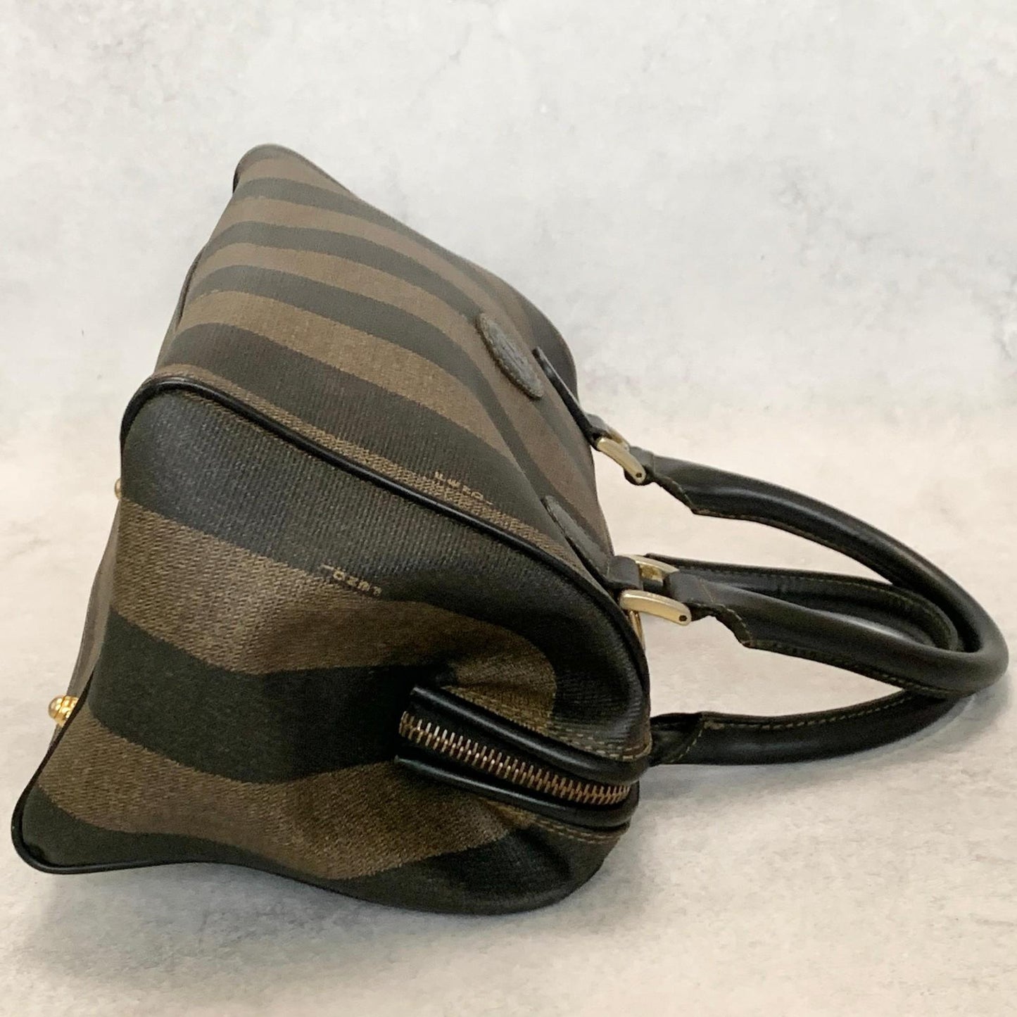 FENDI Pecan Mini Boston Purse Handbag FF Leather Brown Black Auth Unisex Used