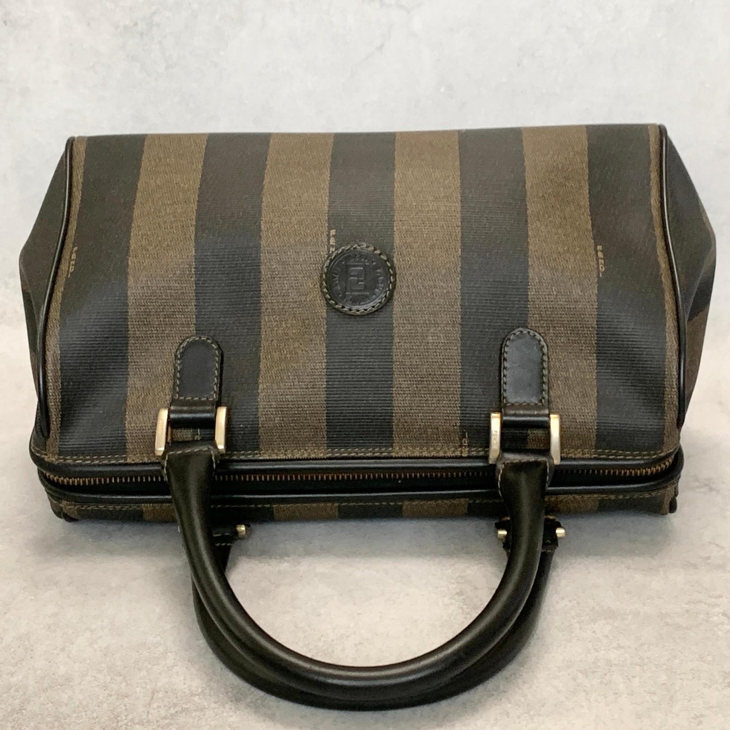 FENDI Pecan Mini Boston Purse Handbag FF Leather Brown Black Auth Unisex Used