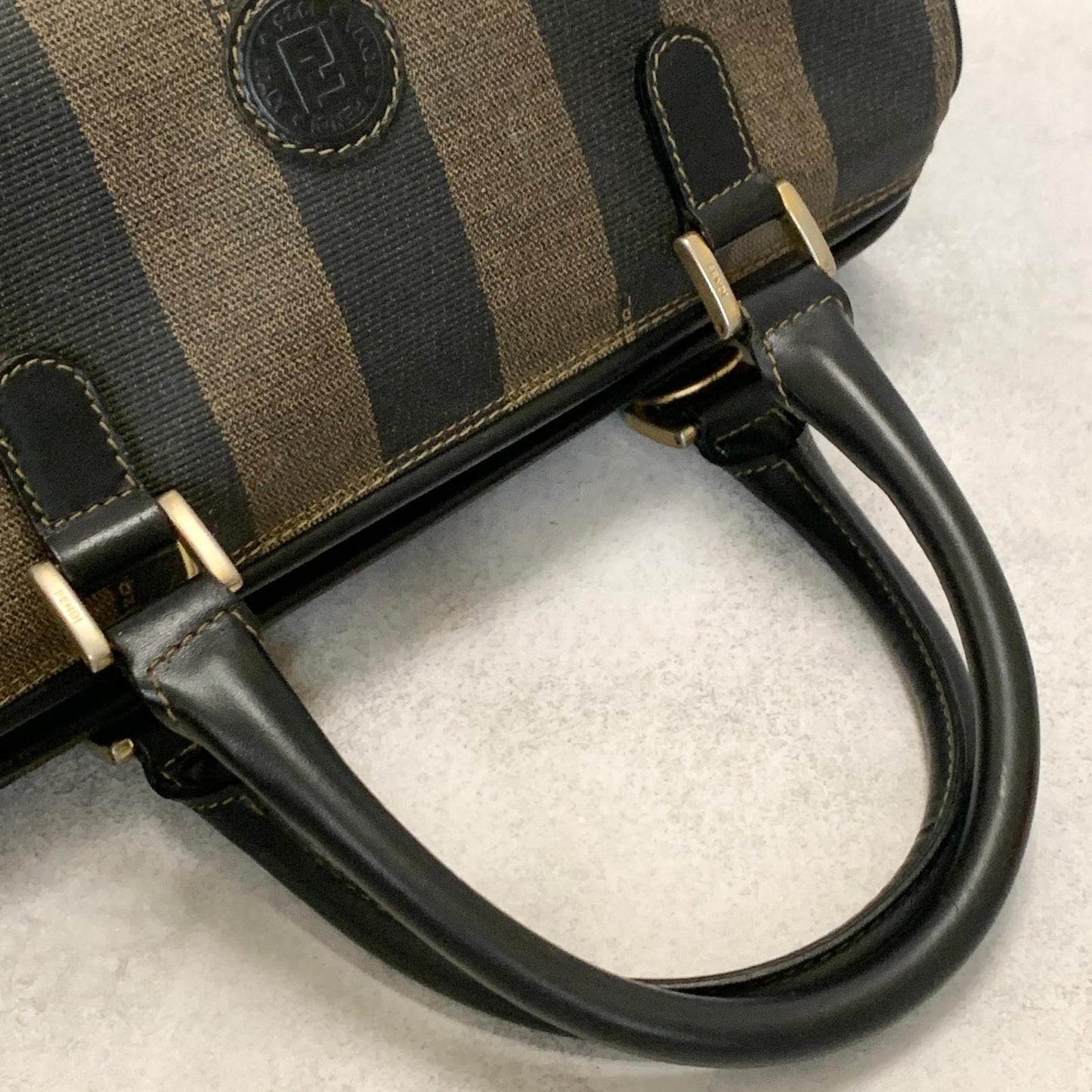 FENDI Pecan Mini Boston Purse Handbag FF Leather Brown Black Auth Unisex Used