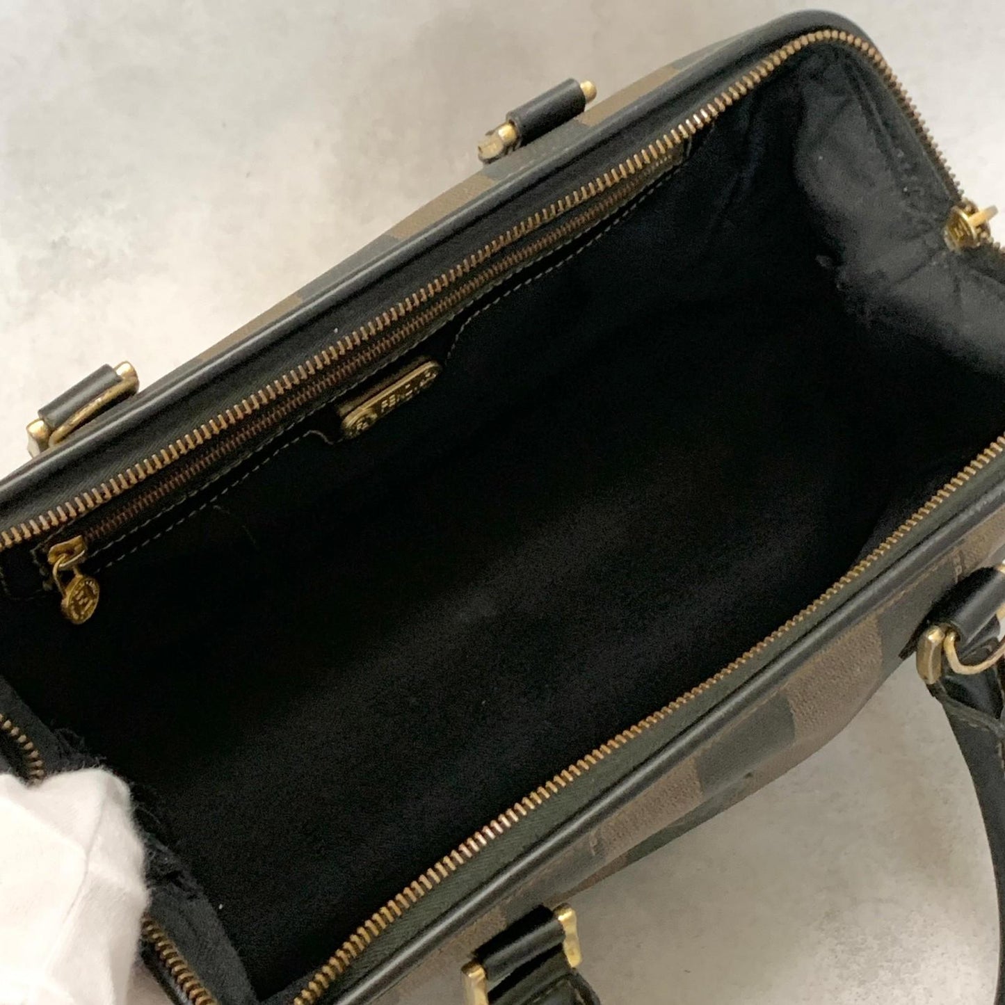 FENDI Pecan Mini Boston Purse Handbag FF Leather Brown Black Auth Unisex Used