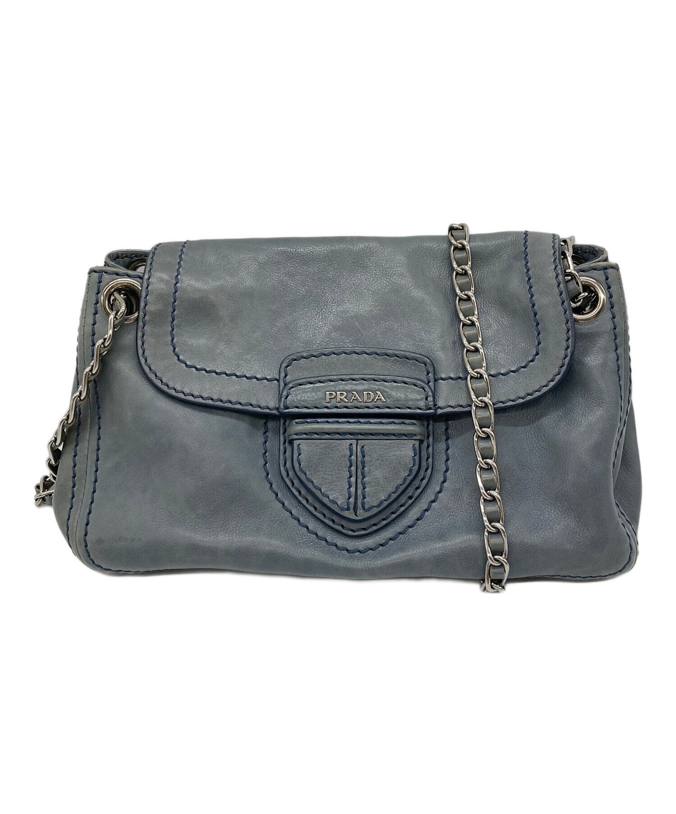 PRADA Shoulder Bag Purse Chain Leather Blue Authentic