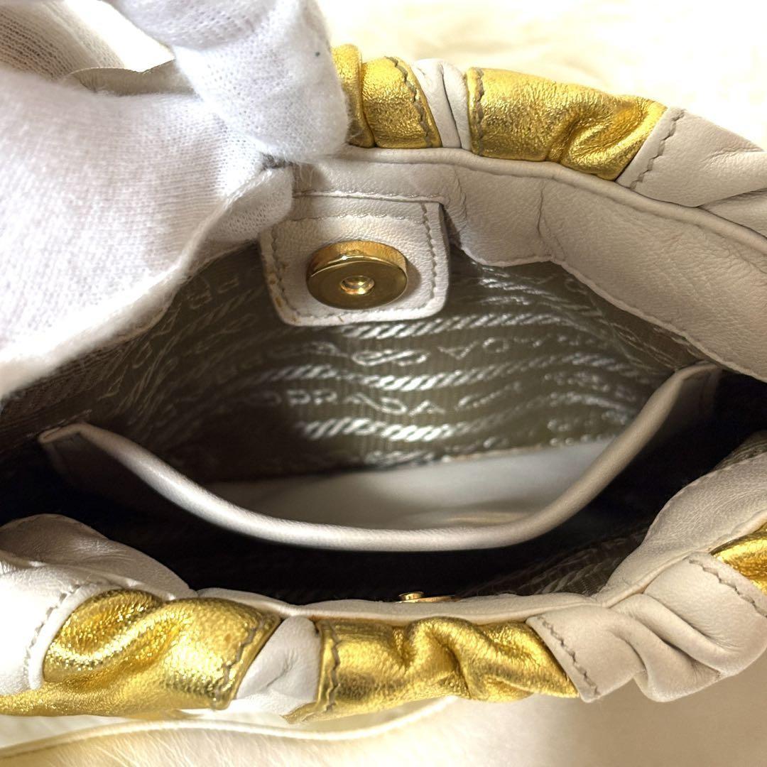 PRADA Hand Bag Tote Purse Leather Gold White Authentic