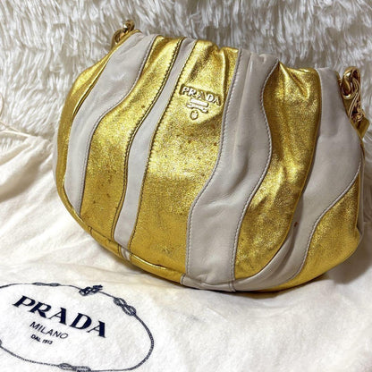 PRADA Hand Bag Tote Purse Leather Gold White Authentic