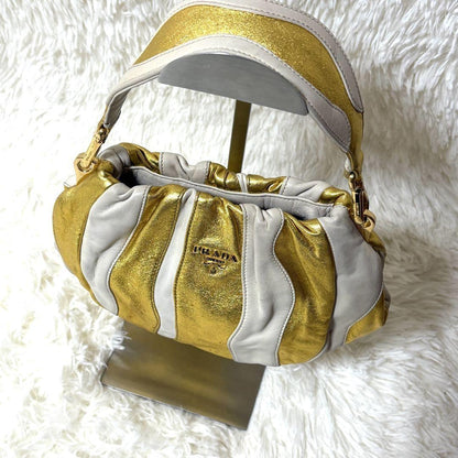 PRADA Hand Bag Tote Purse Leather Gold White Authentic