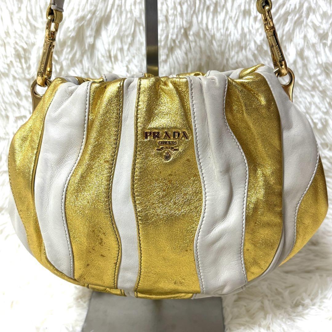 PRADA Hand Bag Tote Purse Leather Gold White Authentic