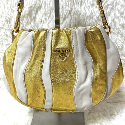 PRADA Hand Bag Tote Purse Leather Gold White Authentic