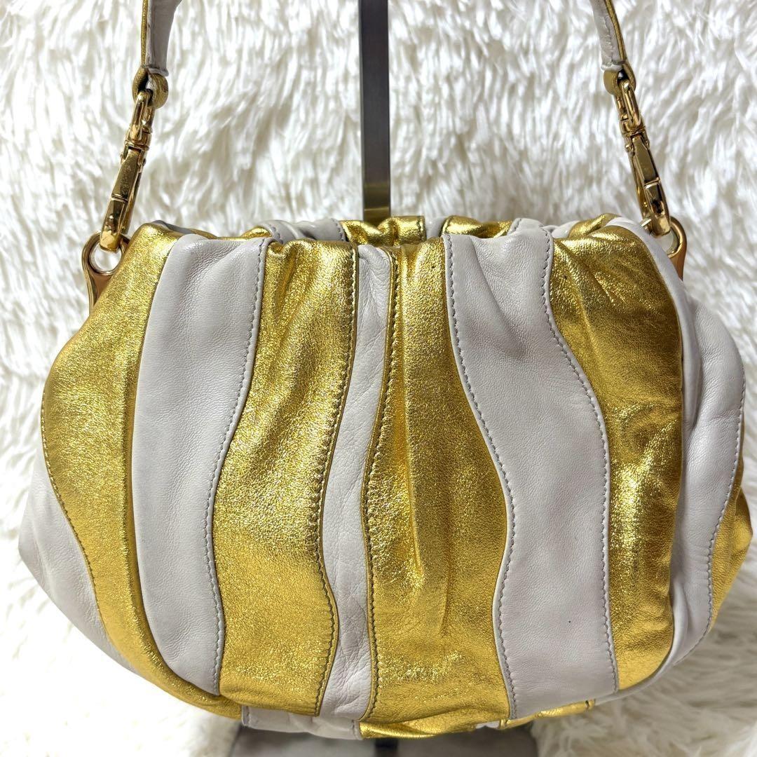 PRADA Hand Bag Tote Purse Leather Gold White Authentic